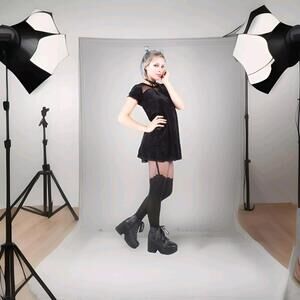 Black Velvet Short Sleeve Mini Dress Tunic with Sheer Neckline Goth